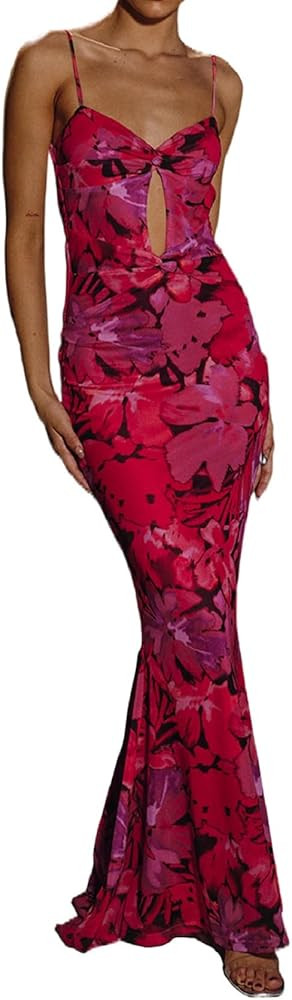 Women Floral Slip Dress Spaghetti Strap Flowers Printed Maxi Dresses Backless Y2k Bodycon Slim Bo... | Amazon (US)