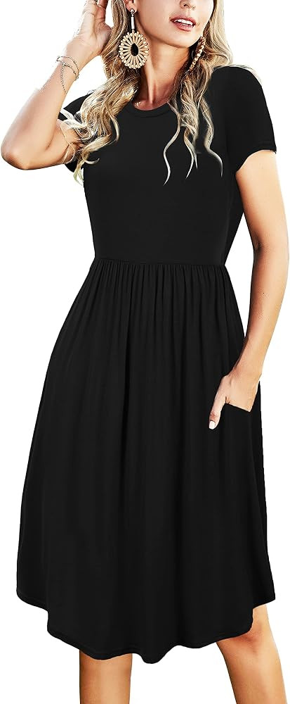 Women Spring Summer Simple Short Sleeve Pocket Teacher Casual Midi Dress Black M at Amazon Women... | Amazon (US)