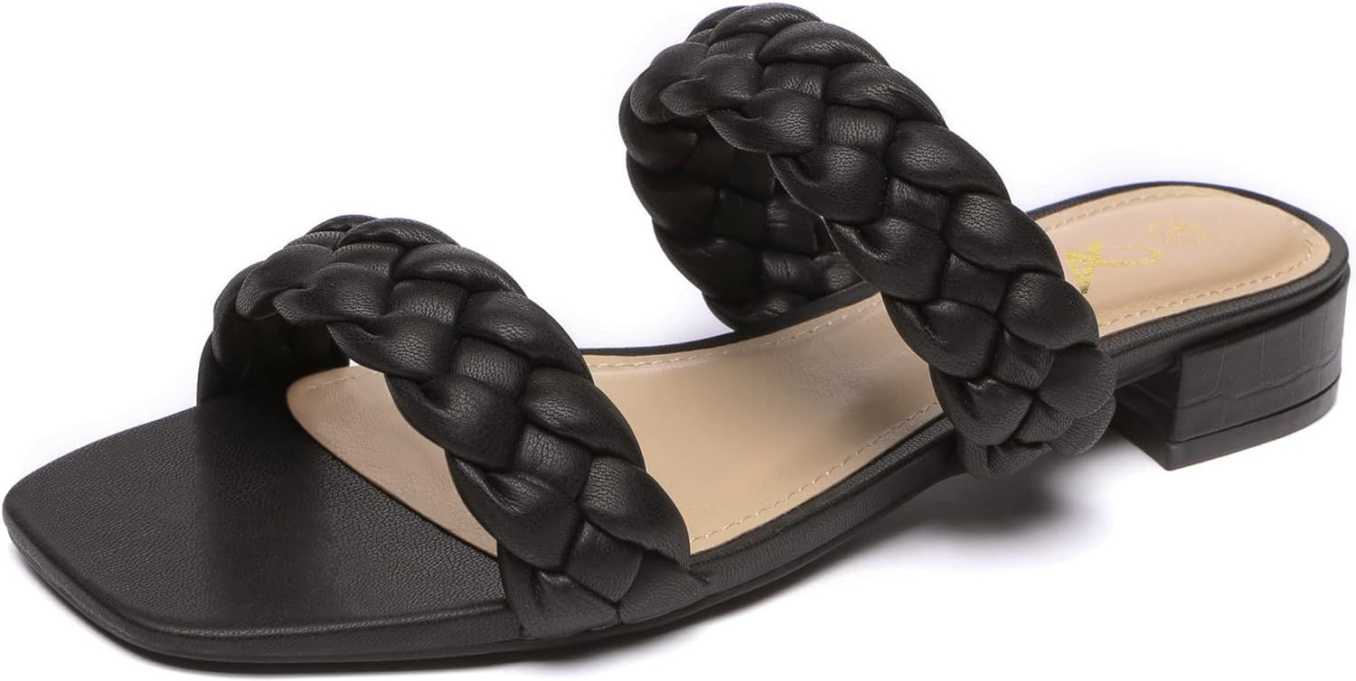 Athlefit Women's Square Open Toe Braided Sandals Slip On Low Block Heel Slide Sandals | Amazon (US)