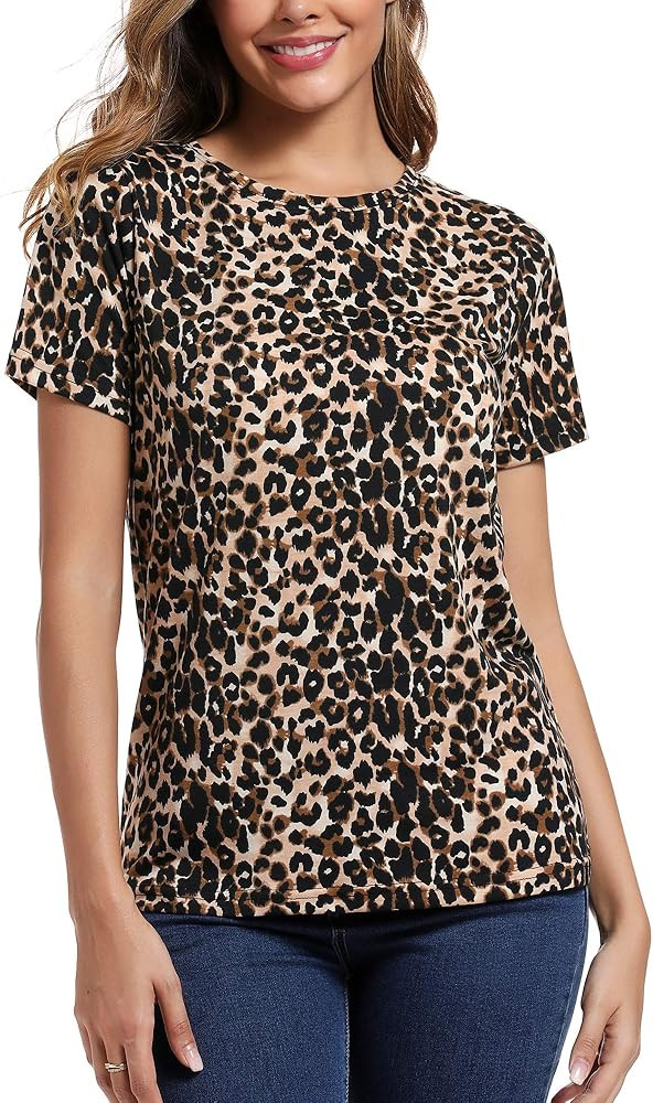 Summer T-Shirt Women's Leopard Short Sleeve Shirt Loose Round Neck Tee Casual Top | Amazon (US)