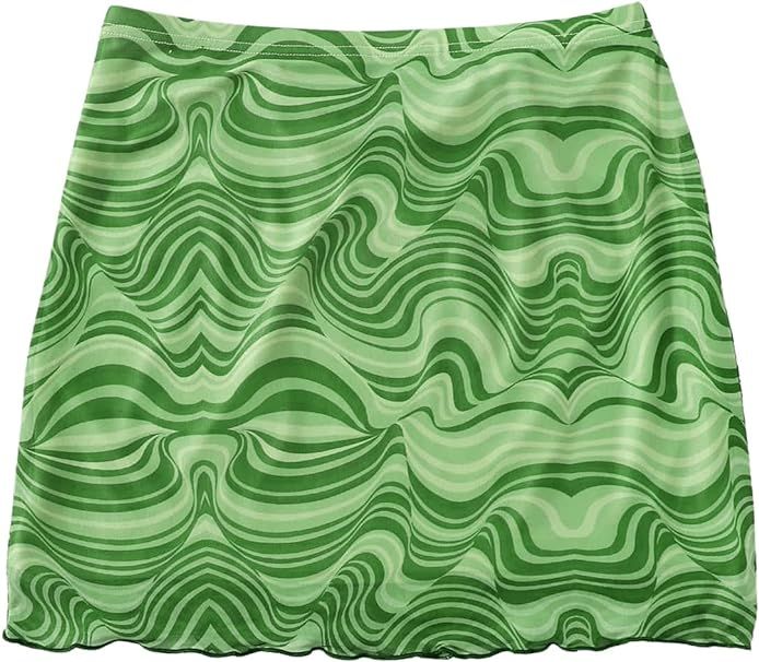 SOLY HUX Women's High Waist Lettuce Trim Marble Print Mesh Mini Bodycon Skirt | Amazon (US)