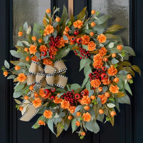 24 Inch Harvest Fall Wreaths for Front Door Outside with Bow & Red Berries | Amazon (US)