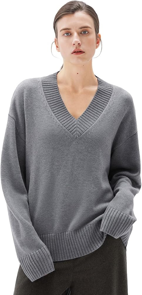 SUUKSESS Women Cashmere Oversized V Neck Pullover Sweaters Long Sleeve Jumpers | Amazon (US)