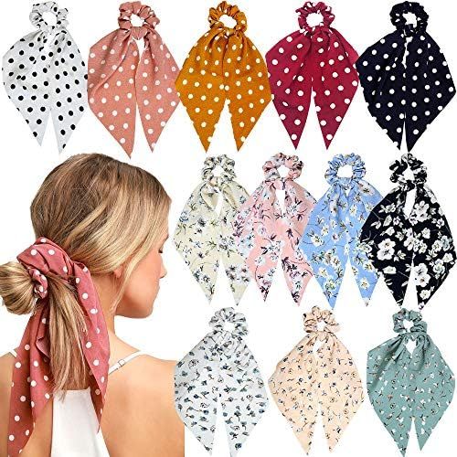 Sunaction 12 Pcs Hair Scarf Hair Scrunchies Chiffon Floral Hair Scarves Ribbon Scrunchie,Ponytail... | Amazon (US)