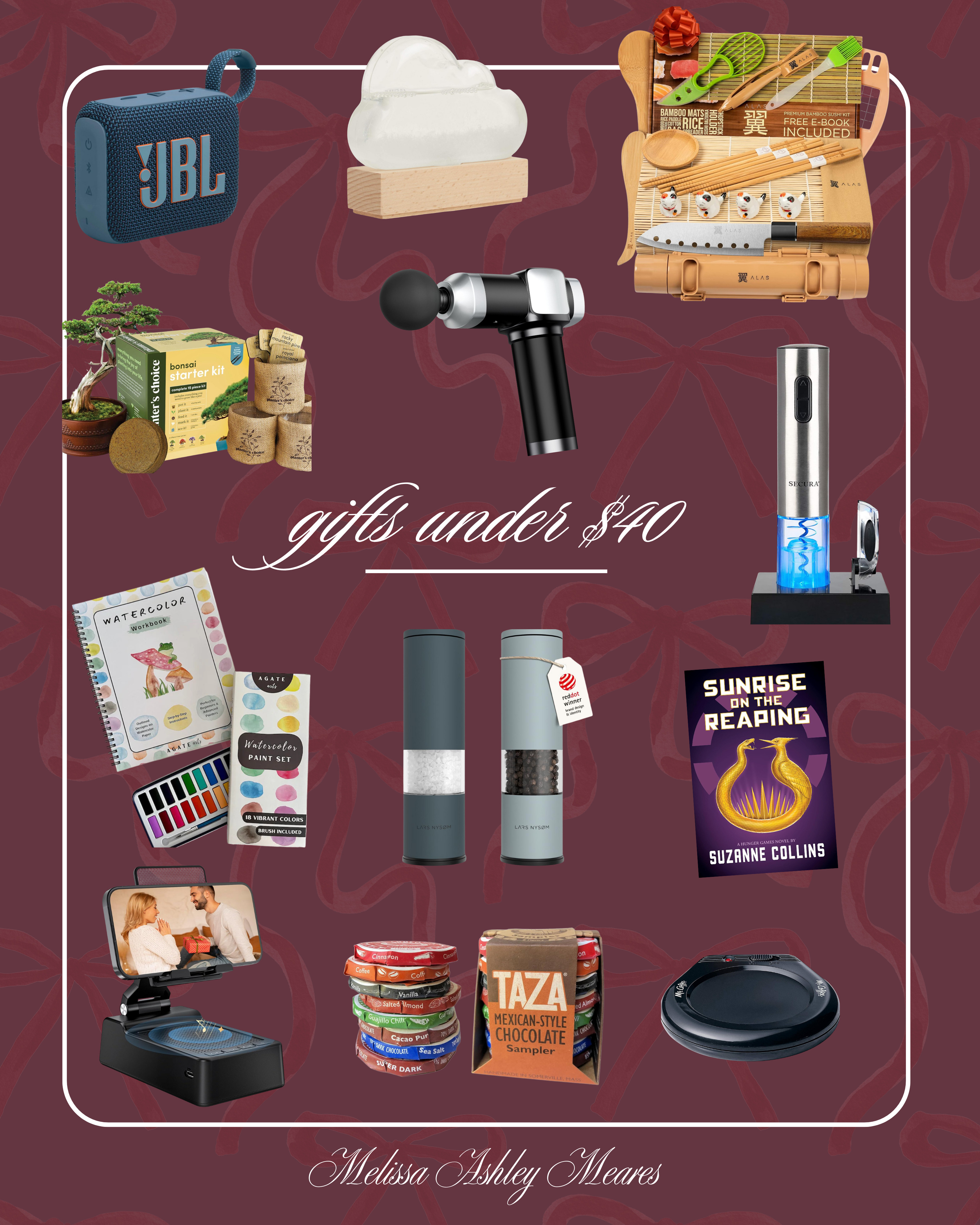 Today’s gift guide is Gifts Under $40! 🎁✨
Budget-friendly, thoughtful, and actually good gifts for anyone on your list.

portable speaker, bluetooth speaker, jbl go 4 speaker, bonsai kit, bonsai starter kit, massage gun, sushi making set, electric wine bottle opener, lars nysom salt and pepper grinder, hunger games books, sunrise on the reaping, mug warmer, phone holder with speaker, mexican chocolate 

 #LTKGiftGuide #LTKHoliday #LTKFindsUnder50
