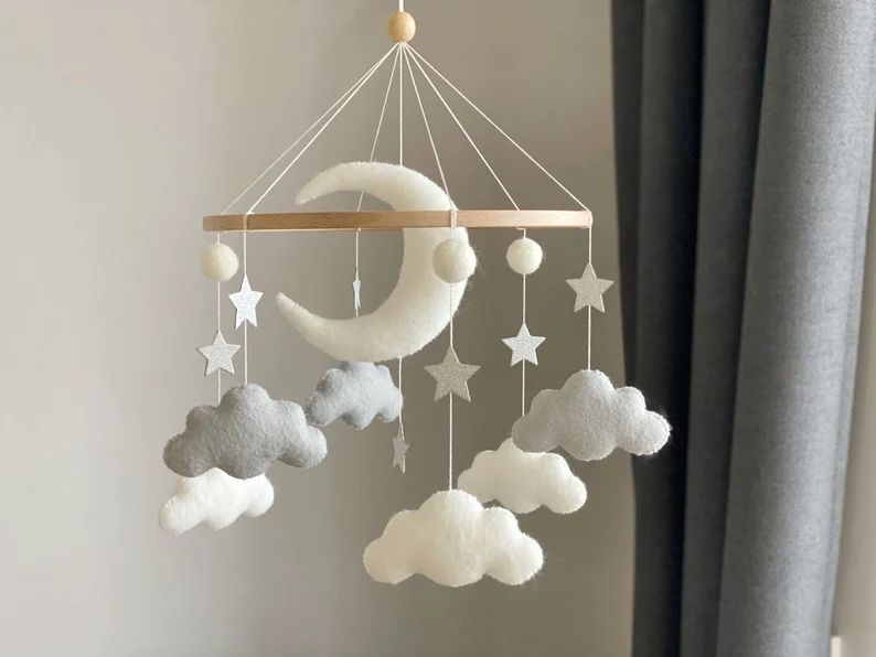 Baby mobile neutral Moon baby mobile cloud baby mobile White and silver baby mobile baby mobile b... | Etsy (US)