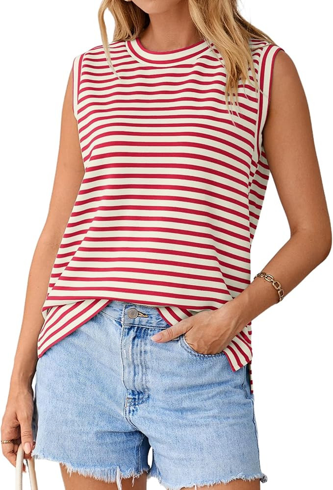 Glamaker Summer Tank Tops for Women Striped High Neck Sleeveless Basic Tee Shirts Casual Loose Fi... | Amazon (US)