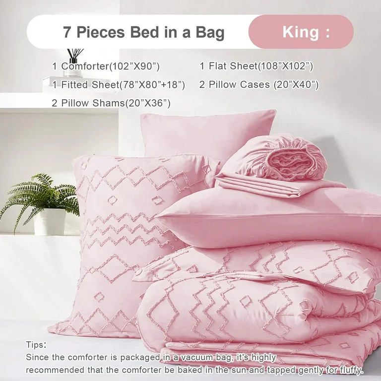 Davulos King Size Comforter Set Pink 7 Piece Bed in a Bag Boho Tufted Shabby Chic Bedding for Wom... | Walmart (US)