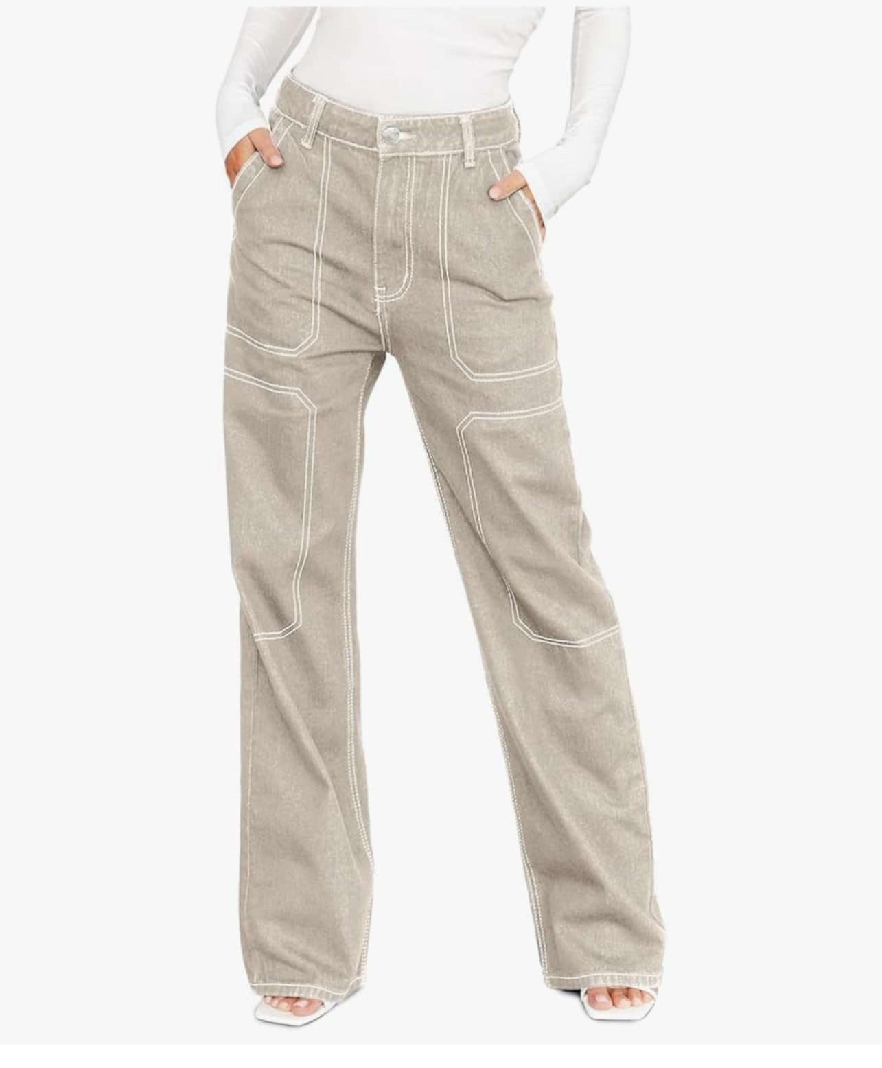 Dokotoo Women's Casual Mid Waist Cargo Jeans Stretch Wide Leg Denim Pants with Pockets | Amazon (US)