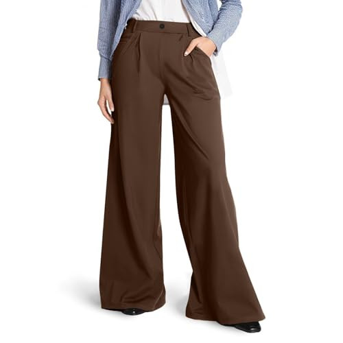 Brown Wide Leg Dress Pants for Women Elastic Waist Stretch Pull on Work Pants Casual Flowy Palazzo Trousers with Pockets Casual Work Pants Women Palazzo Pants for Women Dressy Business Casual Clothing | Amazon (US)
