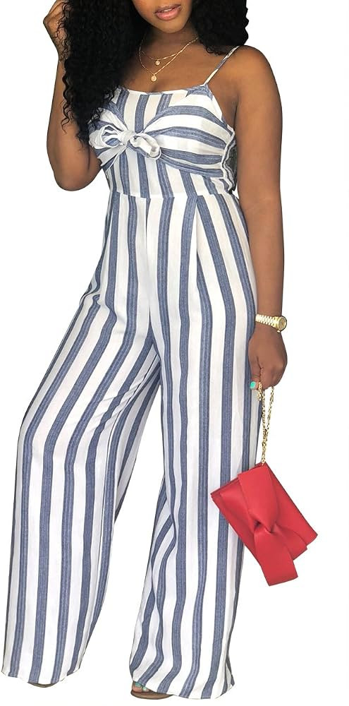 SheKiss Womens Striped Spaghetti Strap Summer Jumpsuits Sexy Tie Bowknot Long Pants Rompers | Amazon (US)