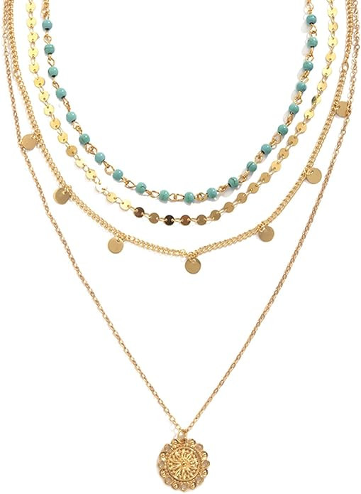 LAKIYOYO Gold Layered Necklace for Women Multilaye Turquoise Chain Necklace Bohemian Layered disc... | Amazon (US)