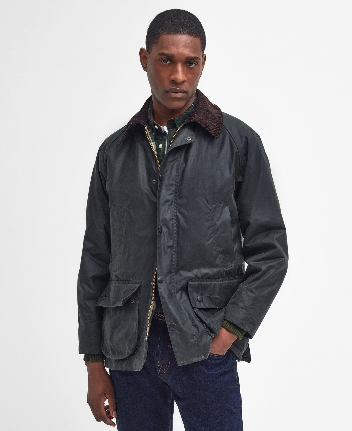 Barbour Bedale hip-length waxed cotton jacket in olive with a corduroy collar