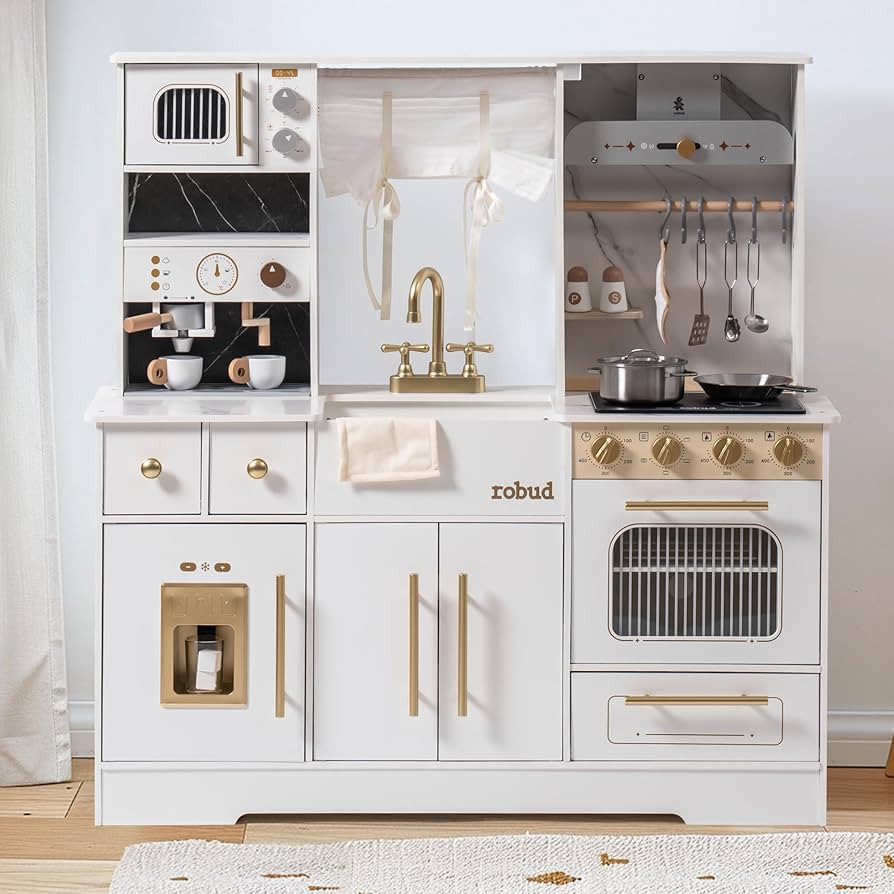 ROBUD Wooden Play Kitchen Set for Kids, Pretend Toy Kitchen with Ice Maker, Coffee Machine, Oven,... | Amazon (US)
