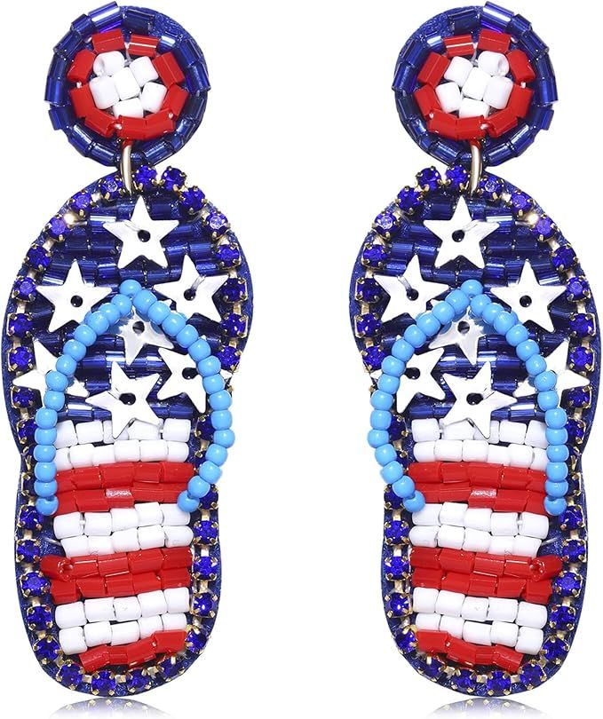 American Flag Beaded Earrings for Women 4th of July Earrings Patriotic Red White Blue Fourth of J... | Amazon (US)