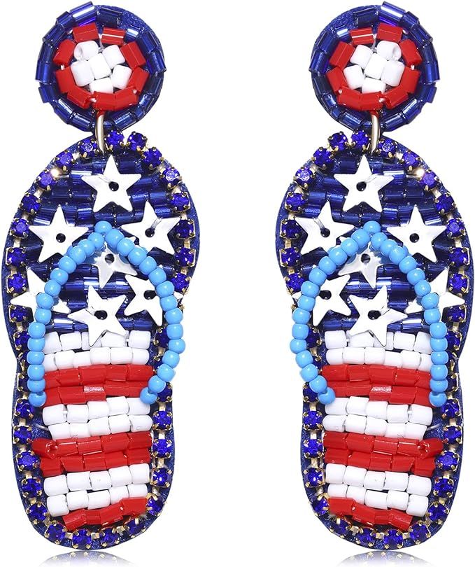 American Flag Beaded Earrings for Women 4th of July Earrings Patriotic Red White Blue Fourth of J... | Amazon (US)