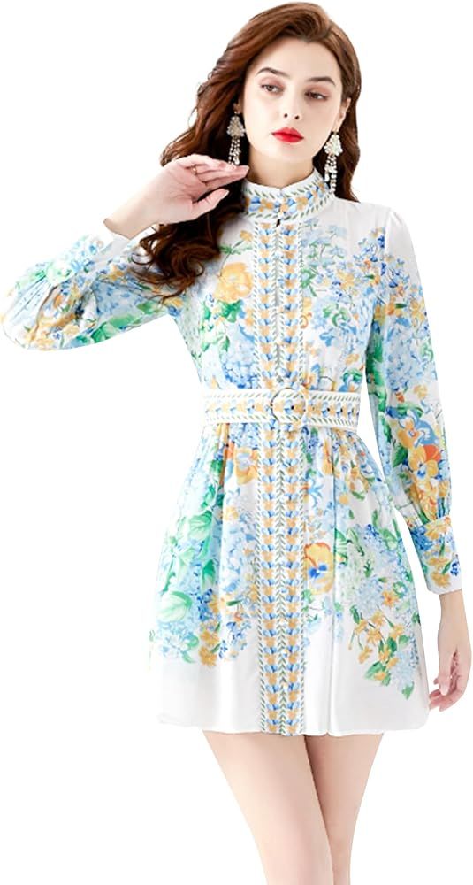 LAI MENG FIVE CATS Women's Button up Floral Print Long Sleeve Casual A-line Mini Shirt Dress with... | Amazon (US)