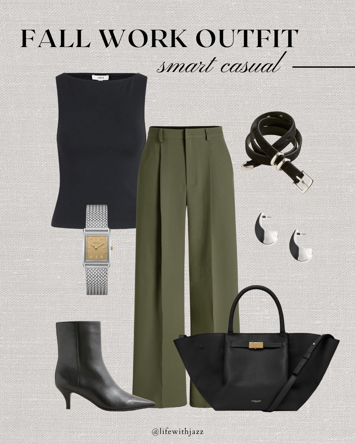 Cool tone fall work outfit inspo 

Black fitted tank / olive green trousers / black heeled booties / minimal watch/ Demellier the midi New York tote / minimal belt / smart casual / office outfit 

#LTKSeasonal #LTKWorkwear #LTKStyleTip