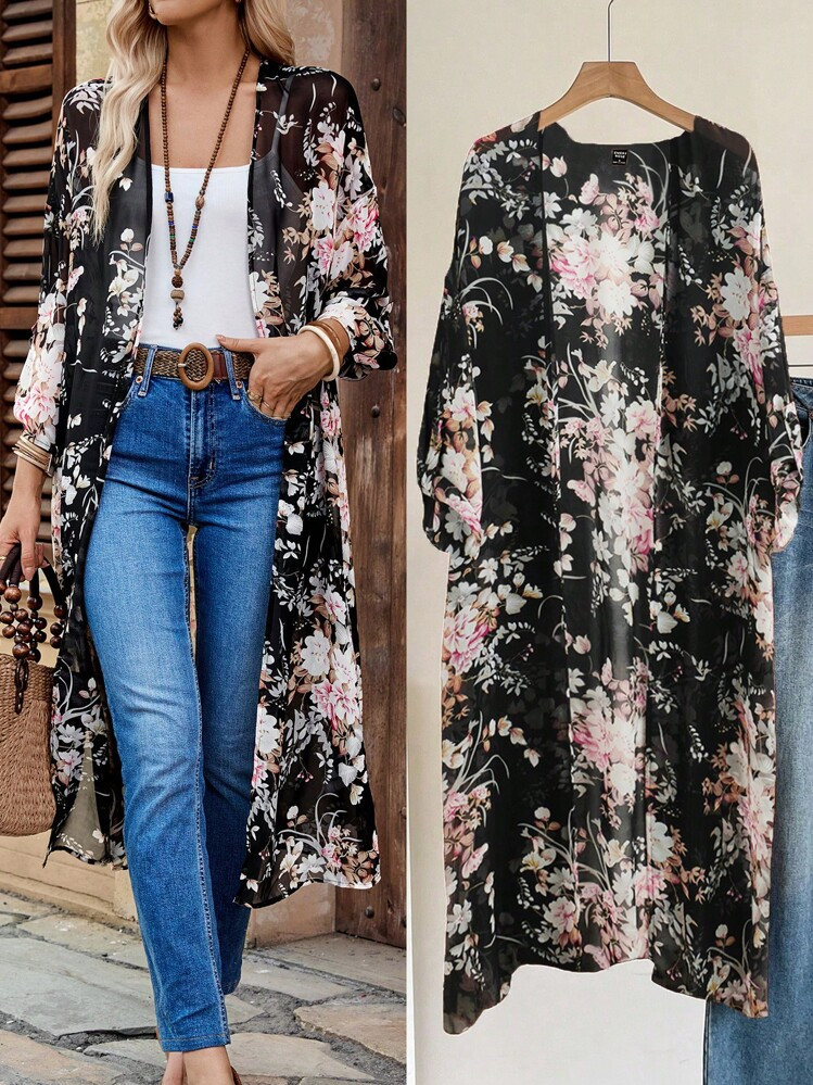 EMERY ROSE Women Floral Print Long-Length Casual Jacket | SHEIN