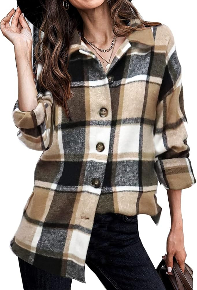 Beaully Women's Flannel Plaid Jacket Long Sleeve Button Down Chest Pocketed Shirts Coats Shacket | Amazon (US)