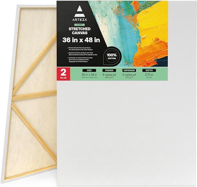 Arteza 90 x 120 cm (36" x48”) Stretched White Blank Canvas, Bulk Pack of 2, Primed, 100% Cotton... | Amazon (UK)