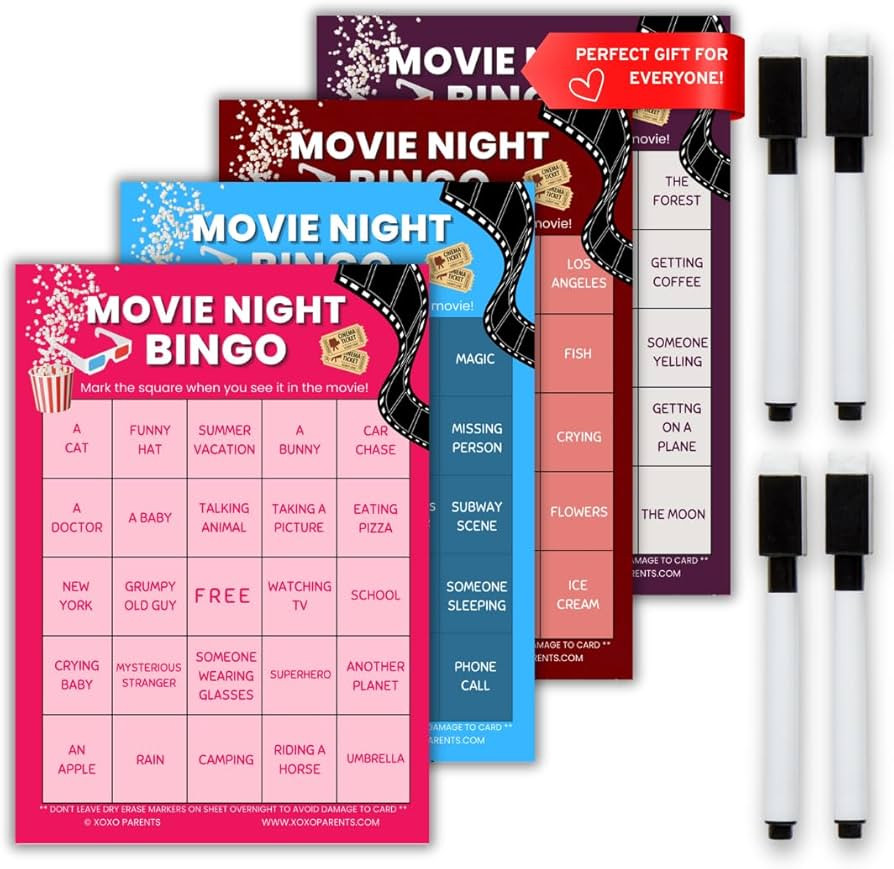 XOXO Parents Movie Night Bingo Cards – Fun Game for Adults & Kids | 4 Reusable Bingo Cards with... | Amazon (US)