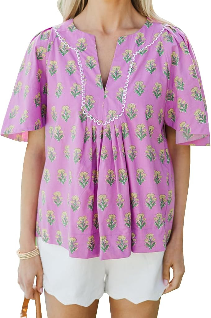 Women Y2K Flutter Short Sleeve Top Floral Peplum Babydoll Blouse Boho Ruffle Patchwork V Neck Shi... | Amazon (US)