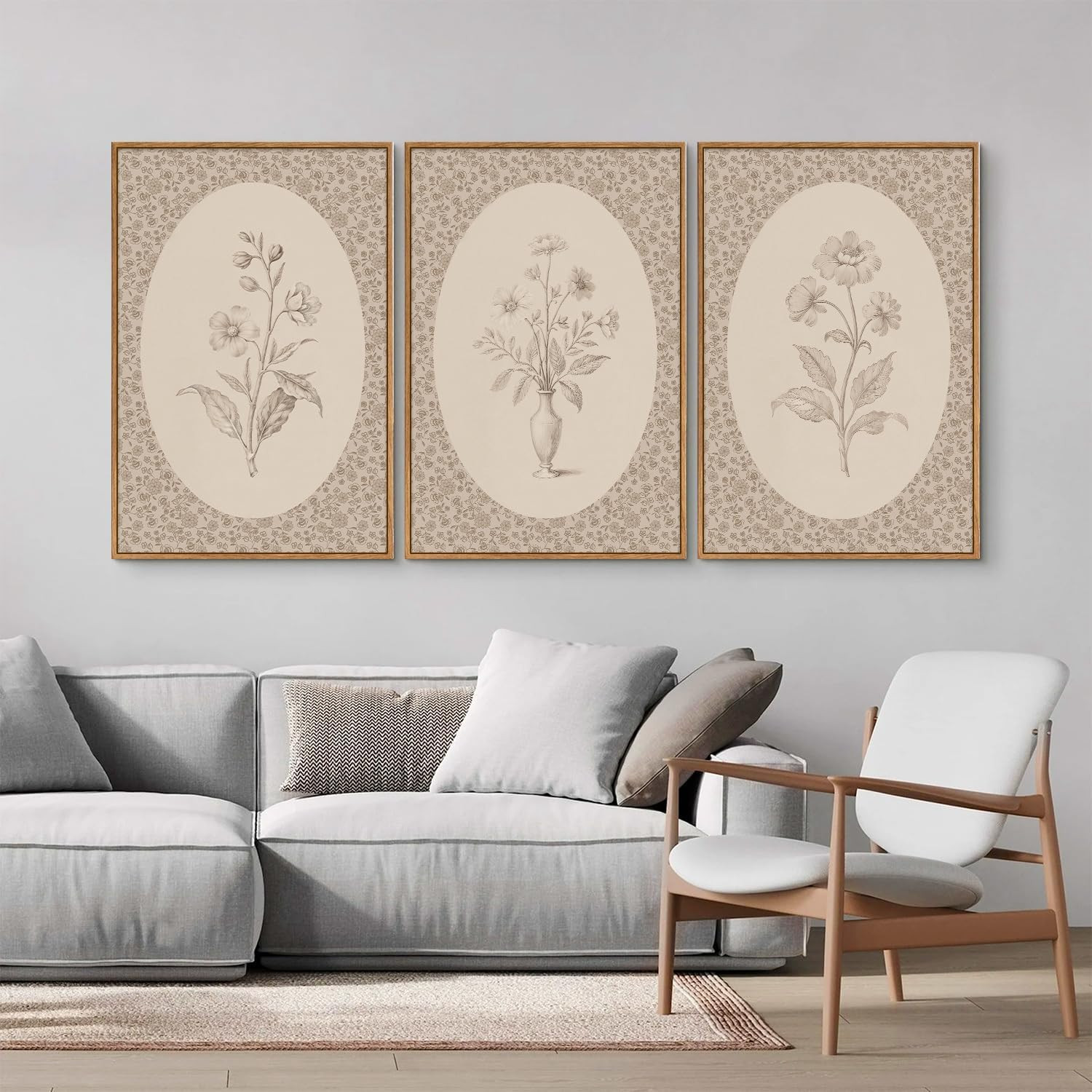 Rantodecor Vintage Flower Framed Canvas Wall Art Triptych, Rustic Floral Wall Decor, Retro Sketch... | Amazon (US)