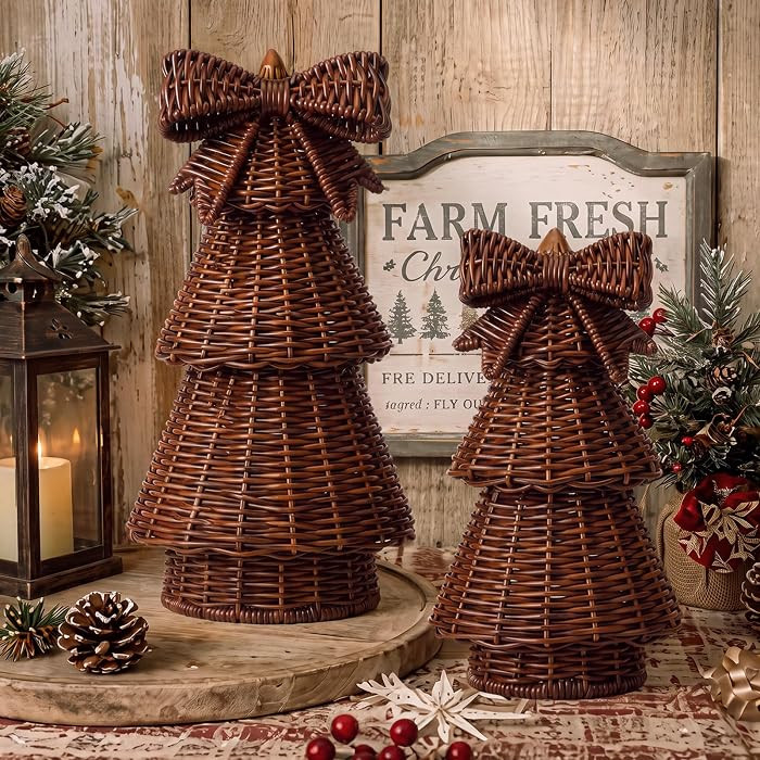 Bucherry 2 Pcs Rattan Christmas Tree Rustic Woven Xmas Decor, Dark Brown | Amazon (US)