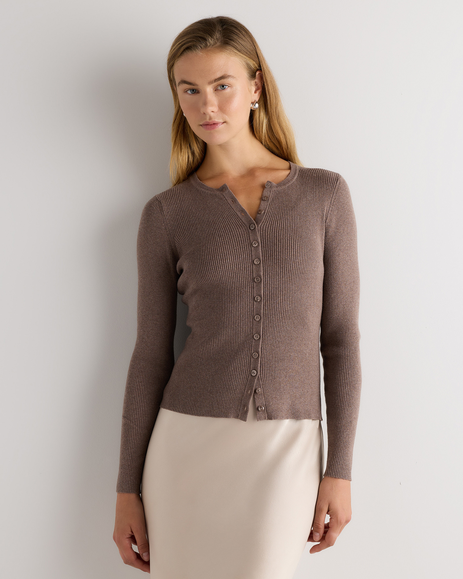 Quince | Women's Cotton Cashmere Fitted Ribbed Cardigan Sweater in Heathered Mink Taupe, Size Small | Quince