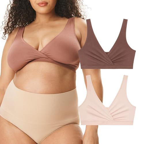 Motherhood Maternity Nursing Bras, Women’s Cotton Spandex Wrap Front Sleep Bra, Bralette for Breastfeeding & Pumping, Porcelain Pink/Nutmeg, 2-Pack, Large | Amazon (US)