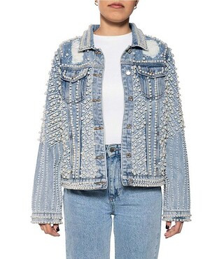 Azalea Wang Alara Pearl Embellished Collared Cropped Denim Jacket | Dillard's | Dillard's
