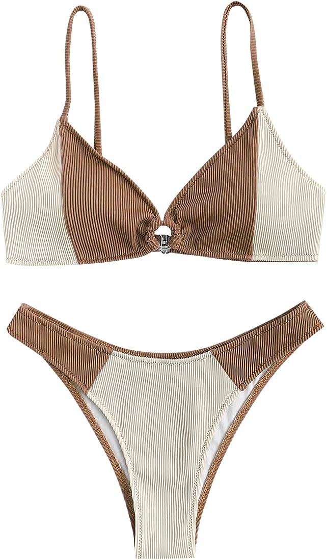 ZAFUL Women's O Ring Tankini Ribbed Colorblock Bikini Set Swimwear Sexy Brazilian Thong Swimsuits | Amazon (US)