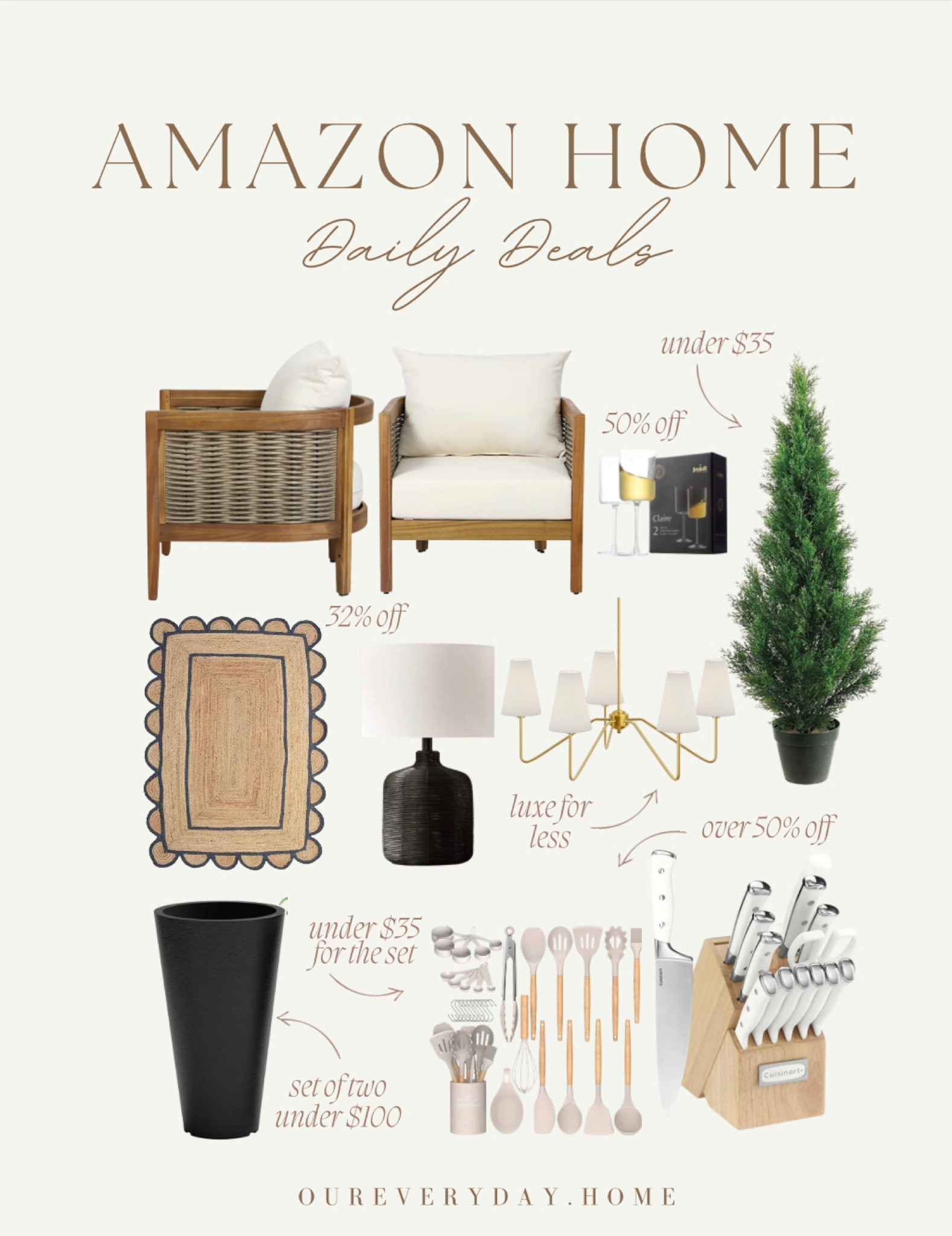 Amazon Daily Deals 

Teak club chairs 
Outdoor furniture 
Faux cedar trees 
Planters 
Table lamps 
Rattan lamps 
Cuisinart Knife set 
Rugs 
Amazon home decor, amazon style, amazon deal, amazon find, amazon sale, amazon favorite 

home office
oureveryday.home
tv console table
tv stand
dining table 
sectional sofa
light fixtures
living room decor
dining room
amazon home finds
wall art
Home decor 


#LTKsalealert #LTKunder50 #LTKhome