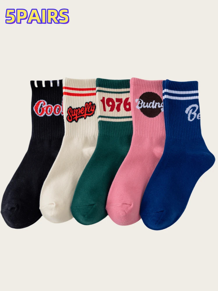 5pairs Mixed Letter & Numeric Print Casual Crew Socks For Women, Fall | SHEIN
