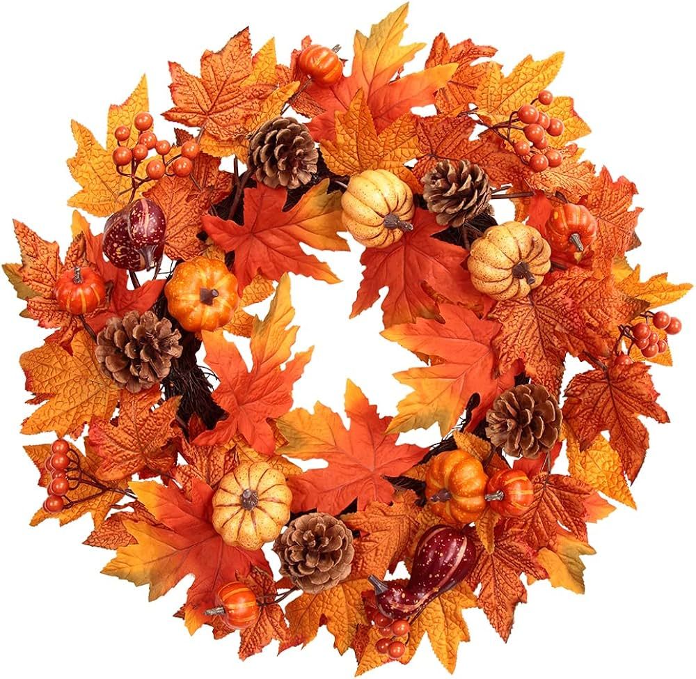 22” Fall Wreath for Front Door, Autumn Wreath with Pine Cones Pumpkin Maple Leaf, Thanksgiving ... | Amazon (US)