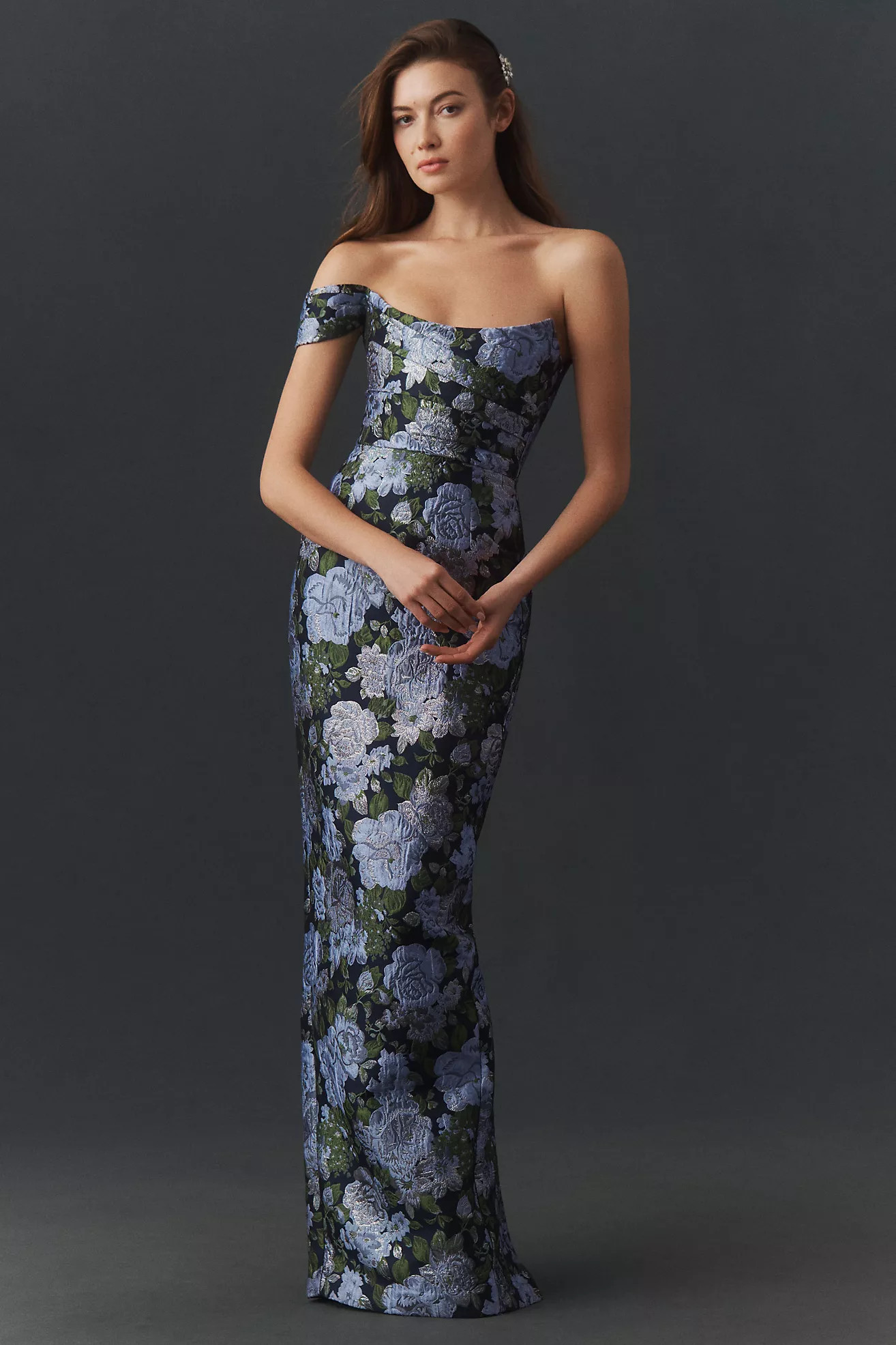 SAU LEE Jackson Asymmetric Jacquard Column Maxi Dress | Anthropologie (US)
