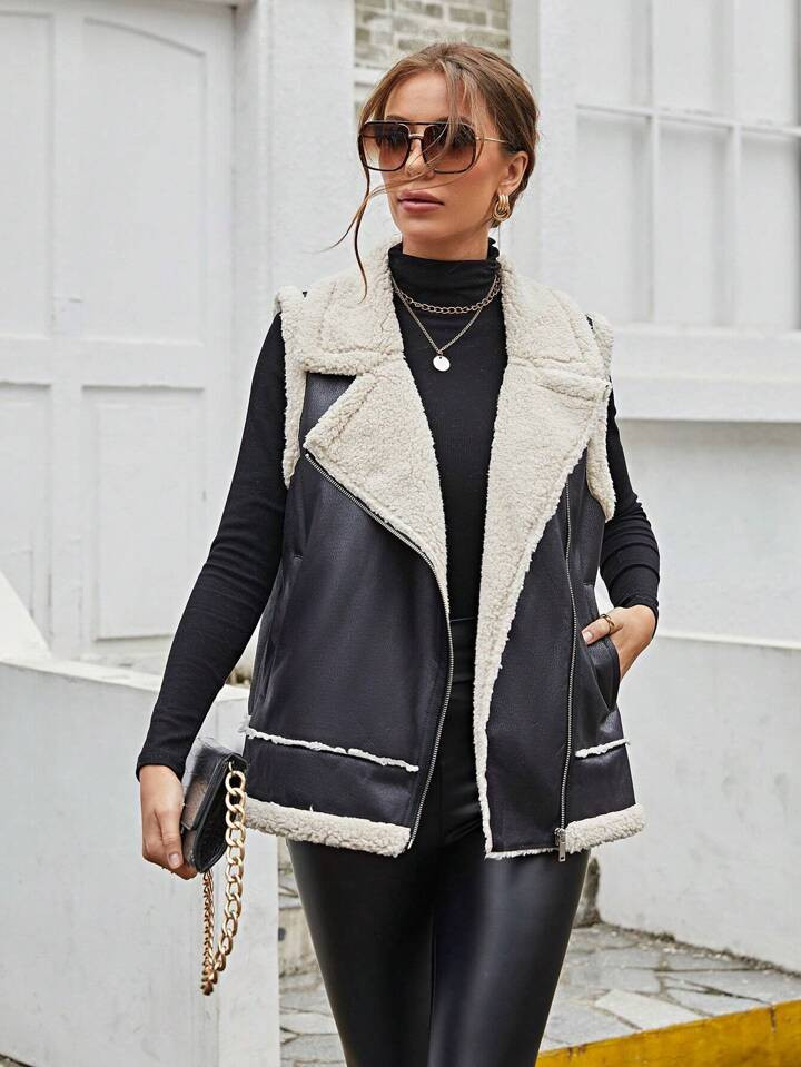 RELISH NOLESS Teddy Lined Zip Up Vest Jacket | SHEIN USA | SHEIN