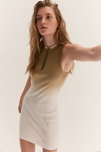 Ribbed Bodycon Dress - Round Neck - Sleeveless - Dark beige/ombre - Ladies | H&M US | H&M (US + CA)