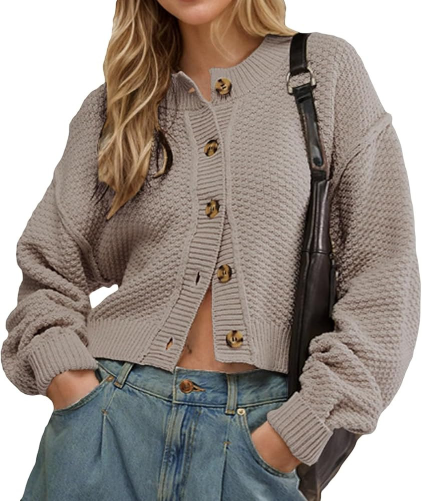 Wowcarbazole Women’s Open Front Cardigan Sweaters Long Sleeve Button Down Knit Jackets Coat Cro... | Amazon (US)