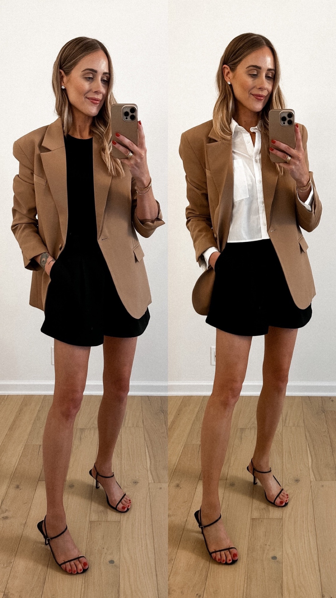 Fashion Jackson wearing MAYSON camel blazer (small), fit is boyfriend/oversized, black trousers shorts (small), black straps sandals #fashionjackson #blazer #workwear #sandals #falloutfit 

#LTKfindsunder100 #LTKshoecrush #LTKstyletip