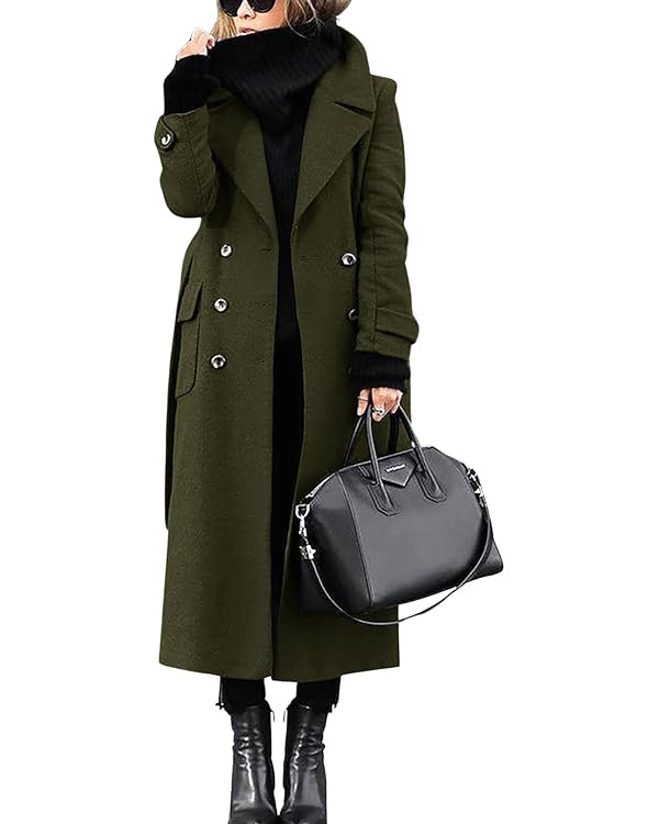 chouyatou Women's Winter Double Breasted Wool Coat Business Casual Long Winter Pea Coat with Belt | Amazon (US)