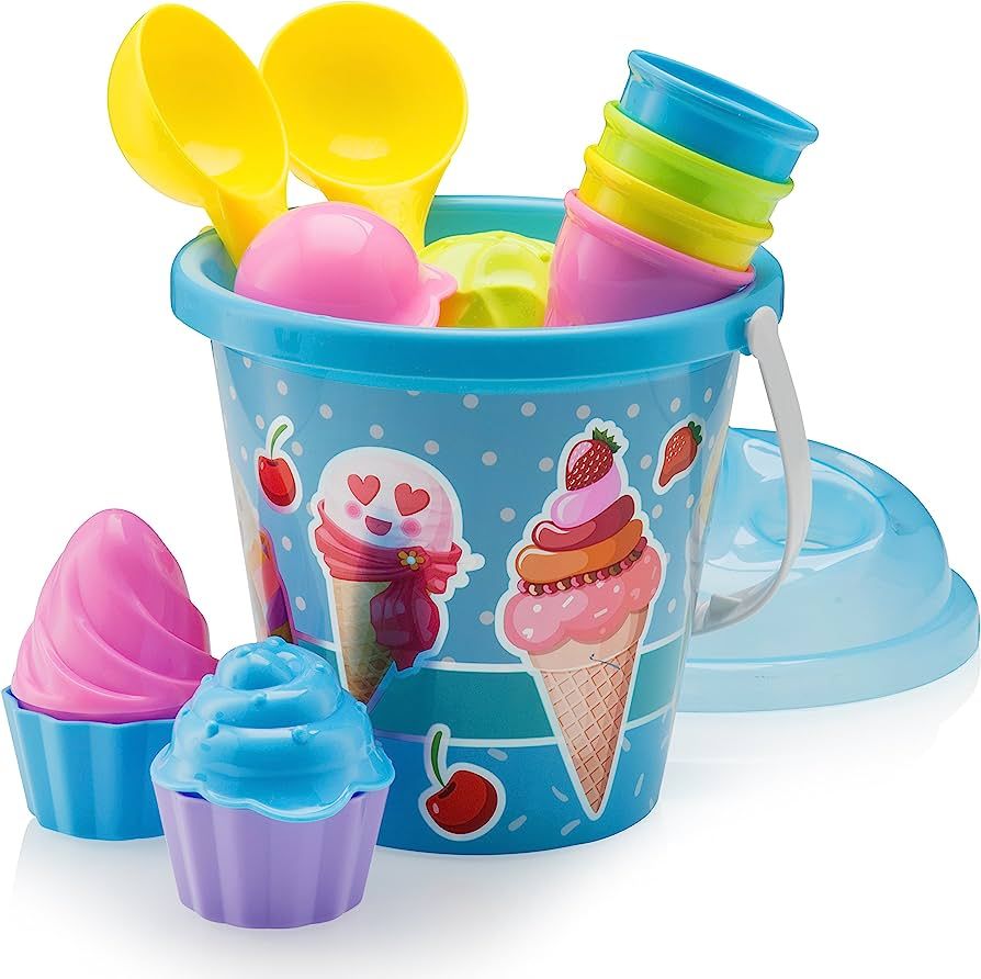 Top Race Ice Cream Sand Toys for Kids with Large 9" Bucket Pail and Spade Scoop Shovels - Kid Bea... | Amazon (US)