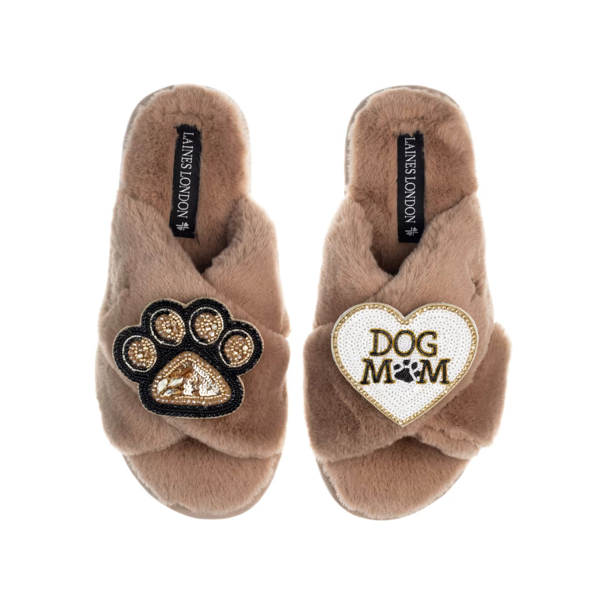 Classic Laines Slippers With Dog Mum / Mom & Paw Brooches - Toffee | Wolf & Badger
