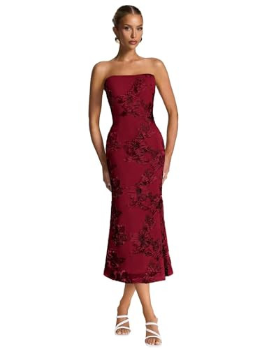 Vevtellb Strapless Midi Floral Bridesmaid Dress Plus Size Burgundy Bodycon Formal Cocktail Gown 20W | Amazon (US)
