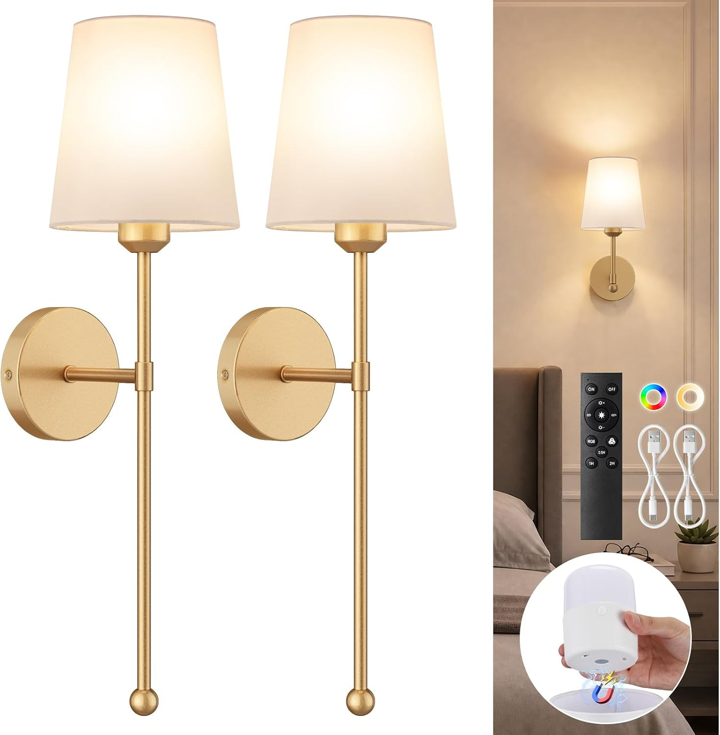 Battery Operated Wall Sconces, Gold, 2 Pack with Magnetic Bulbs,RF Remote | Amazon (US)