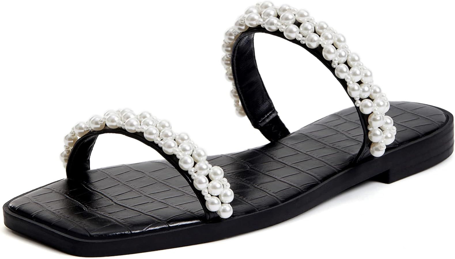 Coutgo Womens Flat Sandals Square Open Toe Pearl Two Strap Slip On Beach Slide Dressy Sandal | Amazon (US)
