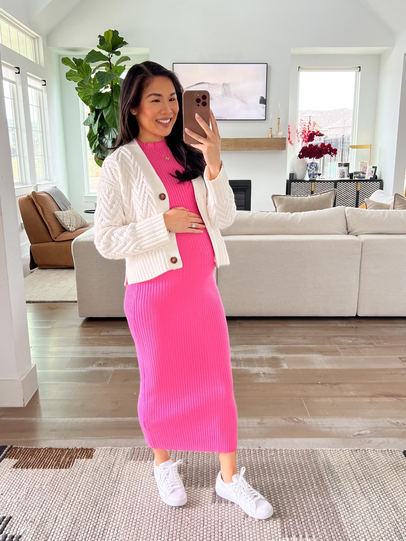 Beautiful pink spring dress! Perfect for spring dresses or vacation outfits. On sale for 20% off plus an added 25% off with code SPRING25. Sized up to a small to accommodate baby bump. Paired with stitched cardigan that is sadly sold out in white, but available in other colors! 

#LTKstyletip #LTKSeasonal #LTKsalealert