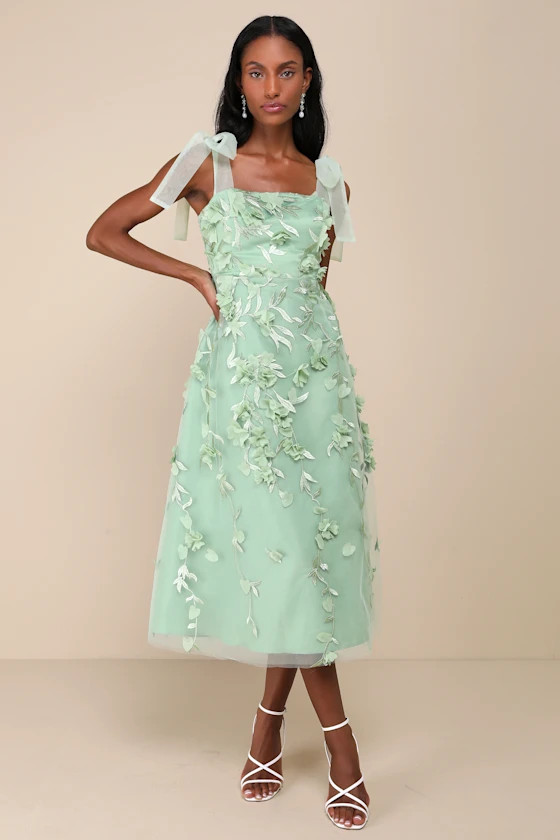 Effortlessly Sweet Sage Tulle 3D Floral Tie-Strap Midi Dress | Lulus