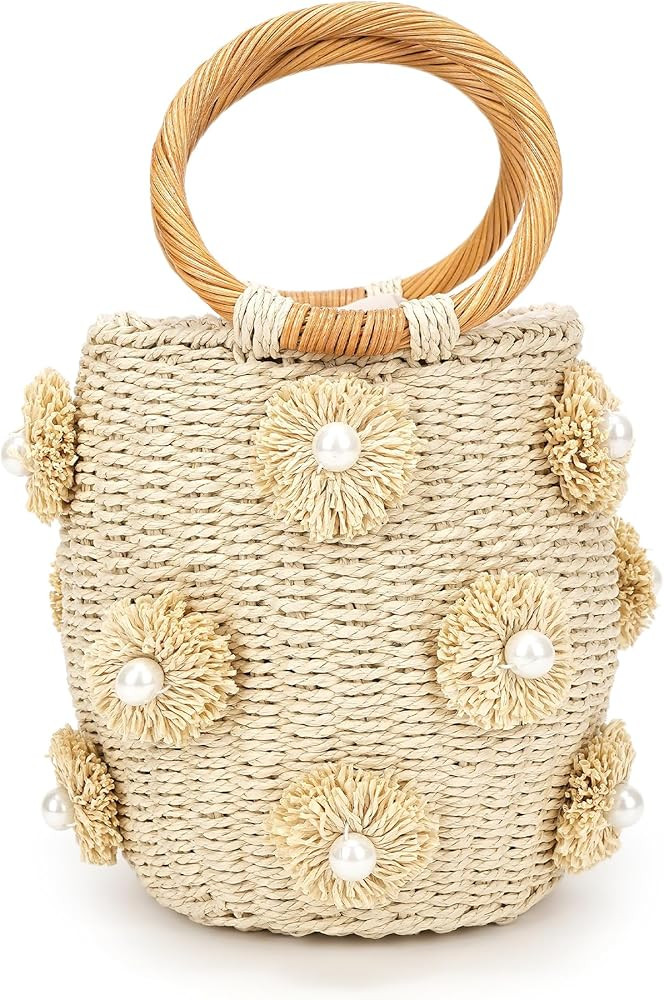 Flower Pearls Straw Bag, Rattan Tote, Summer Beach Handbag, Woven Drawstring for Women Beige | Amazon (US)